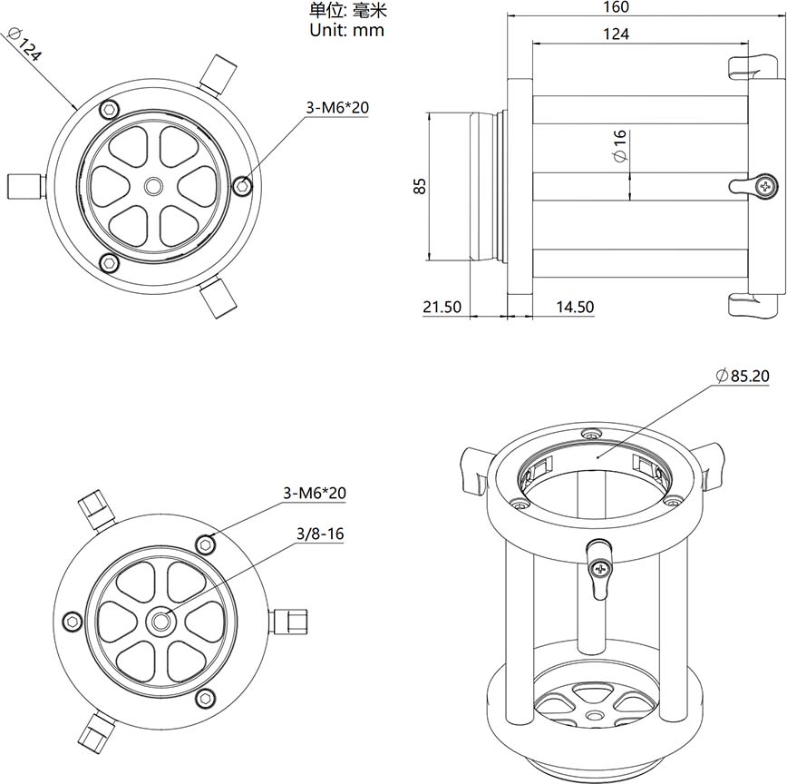 ZWO PE160 160mm Pier Extension for AM5 Mount Mechanical Diagram